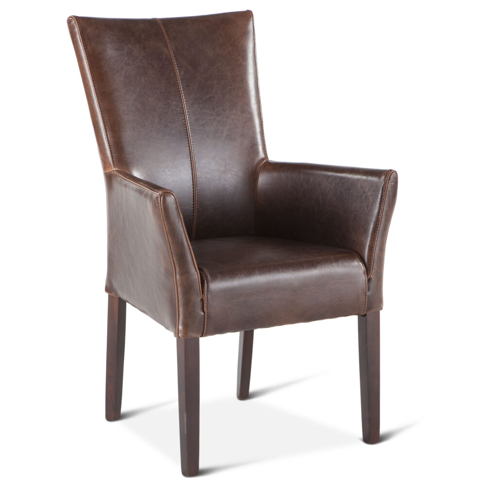 Jacob Brown Leather Armchair with Solid Wood Legs in Dark Walnut Finish
