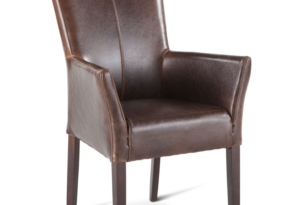Jacob Brown Leather Armchair with Solid Wood Legs in Dark Walnut Finish