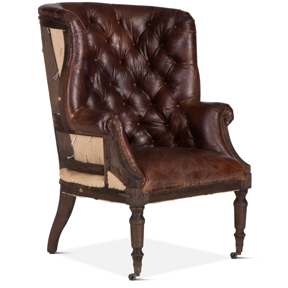 Welsh Deconstructed Armchair with Vintage Cigar Leather and Solid Wood Legs