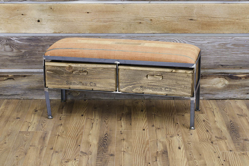 Orange fabric upholstered bench with metal base